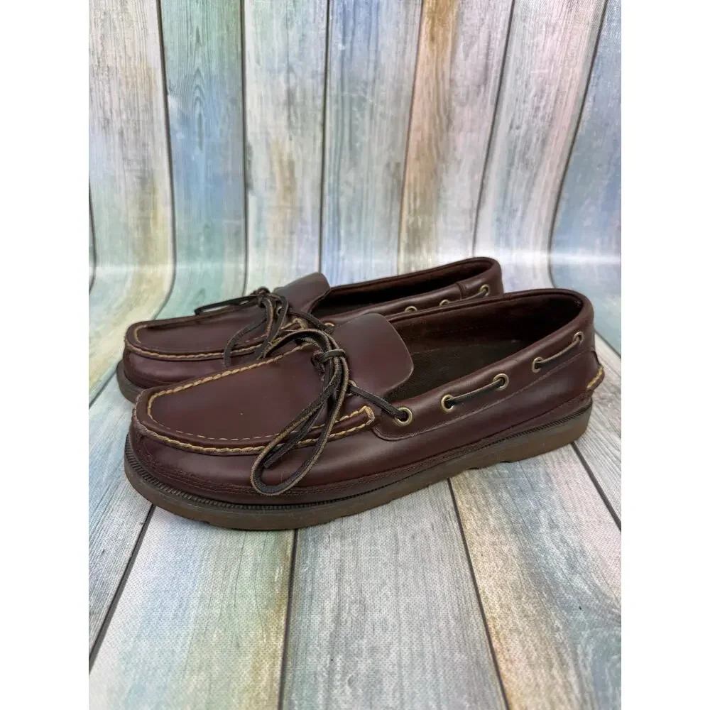 Cabela's Docksider Boat Shoes Brown Leather Vibram Sole Men's Size 12 1 Eye - Picture 1 of 8